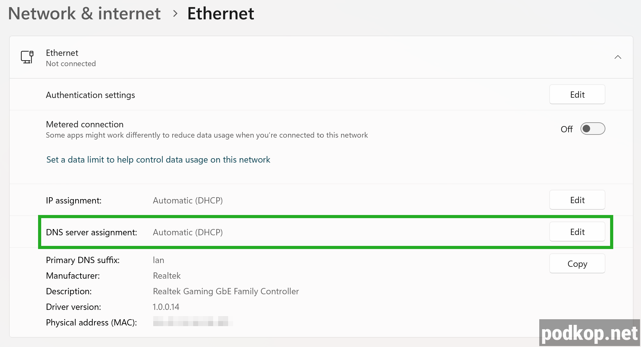 Winodows Ethernet